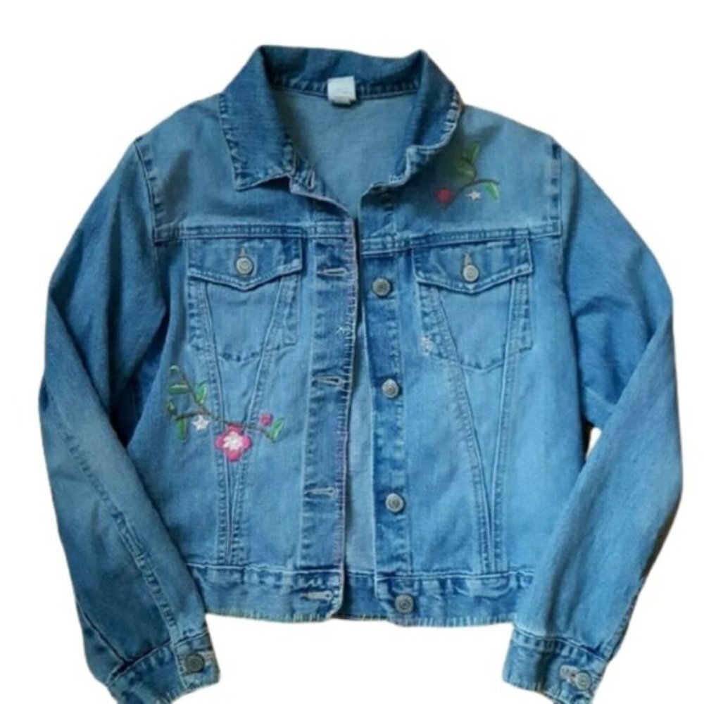 2/$40 Light wash vintage denim jacket with custom  floral embroidery details